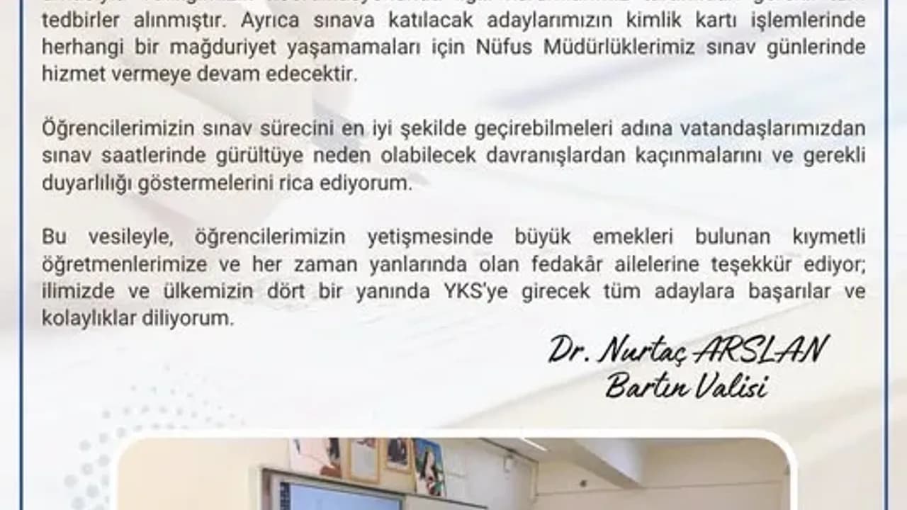 Bartın Valisi Nurtaç Arslan YKS İçin Mesaj Yayımladı