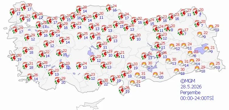 28 MAYIS 2026, PERŞEMBE Hava koşullarında ülke genelinde çok belirgin bir değişim yaşanıyor. Türkiye'nin neredeyse tamamı gök gürültülü sağanak yağışların etkisine giriyor. Marmara'dan İç Anadolu'ya, Karadeniz'den Akdeniz ve Doğu Anadolu'ya kadar çok geniş bir alanda yağışlı ve kapalı bir hava bekleniyor. Sadece Güneydoğu Anadolu'nun çok ufak bir kısmı ile bazı Ege sahillerinde bulutlu veya açık hava görülebilir. Yağışla birlikte ülke genelinde sıcaklıklarda birkaç derecelik hafif bir düşüş eğilimi göze çarpıyor.