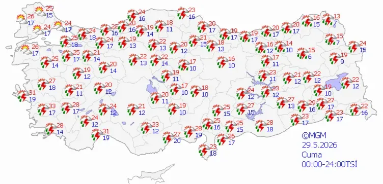 29 MAYIS 2026, CUMA Gök gürültülü sağanak yağışlı sistem etkisini sürdürmeye devam ediyor. Yurdun en batı ucu (İzmir ve Aydın'ın kıyı kesimleri) ile Trakya'nın bir kısmı hariç, ülkenin tamamında sağanak yağışlar etkili oluyor. Özellikle iç, kuzey ve doğu bölgelerde kapalı, yer yer kuvvetli olabilecek yağışlı bir sistem hakim. Sıcaklıklar yağış alan bölgelerde mevsim normalleri civarında veya biraz altında, iç kesimlerde 18-24 derece aralığında seyrediyor.