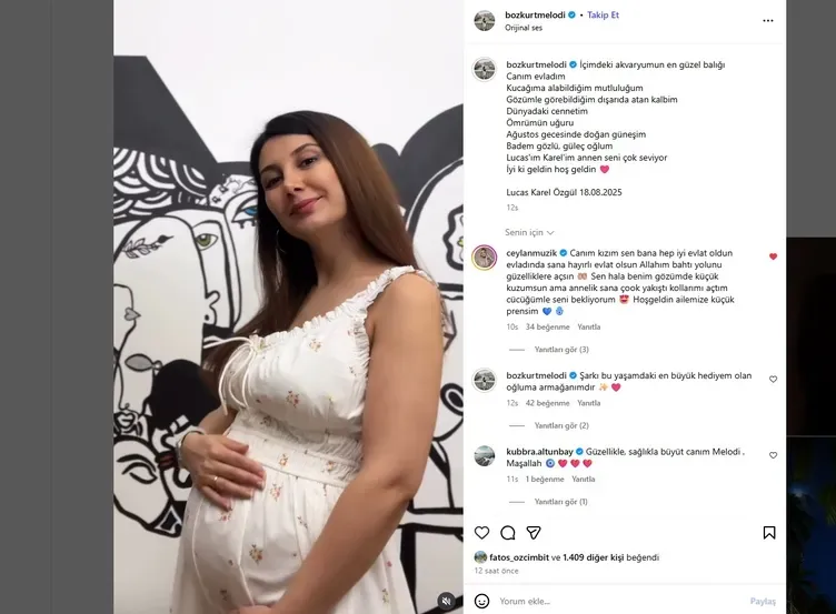 MELODİ'DEN DUYGUSAL PAYLAŞIM: "GÖZÜMLE GÖREBİLDİĞİM ATAN KALBİM…" Melodi Bozkurt, 18 Ağustos 2025'te dünyaya gelen oğlunu ilk kez sosyal medyada paylaştı. Lucas Karel Özgül adını verdikleri bebeğiyle çektiği videoya kısa sürede yüzlerce tebrik mesajı yağdı. Melodi, paylaşımında şu duygu yüklü satırlara yer verdi: