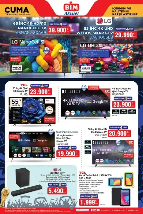 5 HAZİRAN BİM AKTÜEL ÜRÜNLER KATALOĞU 65 İNÇ TV - 39.900 TL Çocuk tableti - 1.999 TL