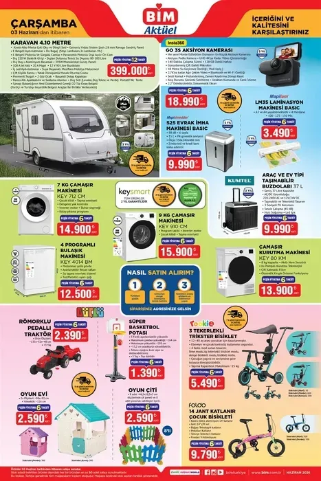 3 HAZİRAN BİM AKTÜEL ÜRÜNLER KATALOĞU Karavan 4.10 metre - 399.000 TL 7 KG çamaşır makinesi - 14.900 TL Ev tipi taşınabilir buzdolabı - 9.900 TL Oyun evi - 2.590 TL