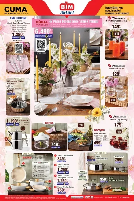 5 HAZİRAN BİM AKTÜEL ÜRÜNLER KATALOĞU 48 parça desenli yemek takımı - 6.490 TL Alüminyum döküm kek kalıbı - 429 TL Manuel rondo - 749 TL