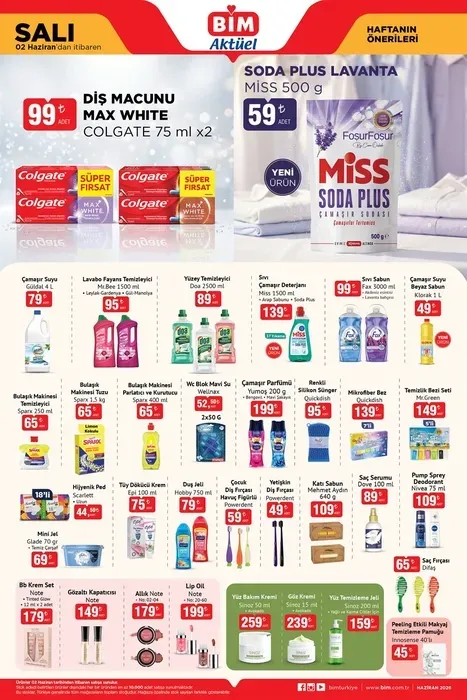 2 HAZİRAN BİM AKTÜEL ÜRÜNLER KATALOĞU 2'li Diş macunu - 99 TL Çamaşır suyu - 79 TL Lavabo fayans temizleyici - 95 TL BB krem set - 179 TL