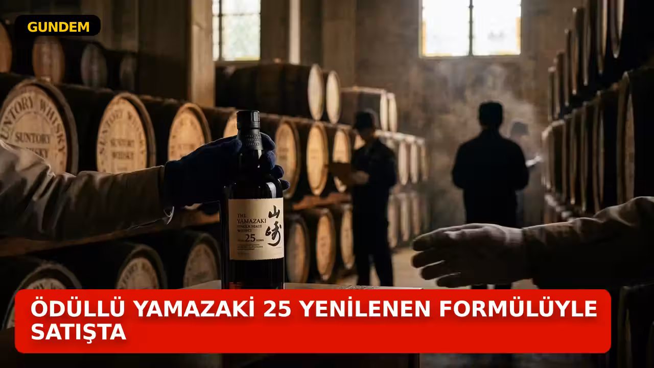 Kehribar rengi Yamazaki 25 viski şişesi üzerinde geleneksel el yapımı kağıt etiket detayı