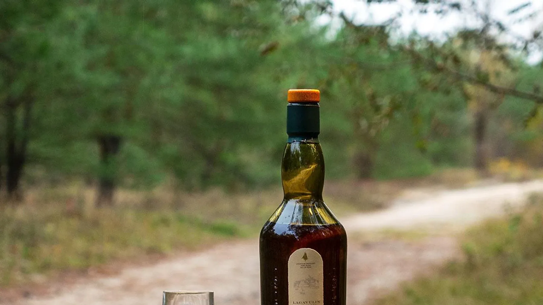 Ahşap bir masa üzerinde duran geleneksel tasarımlı yeşil Lagavulin 16 viski şişesi
