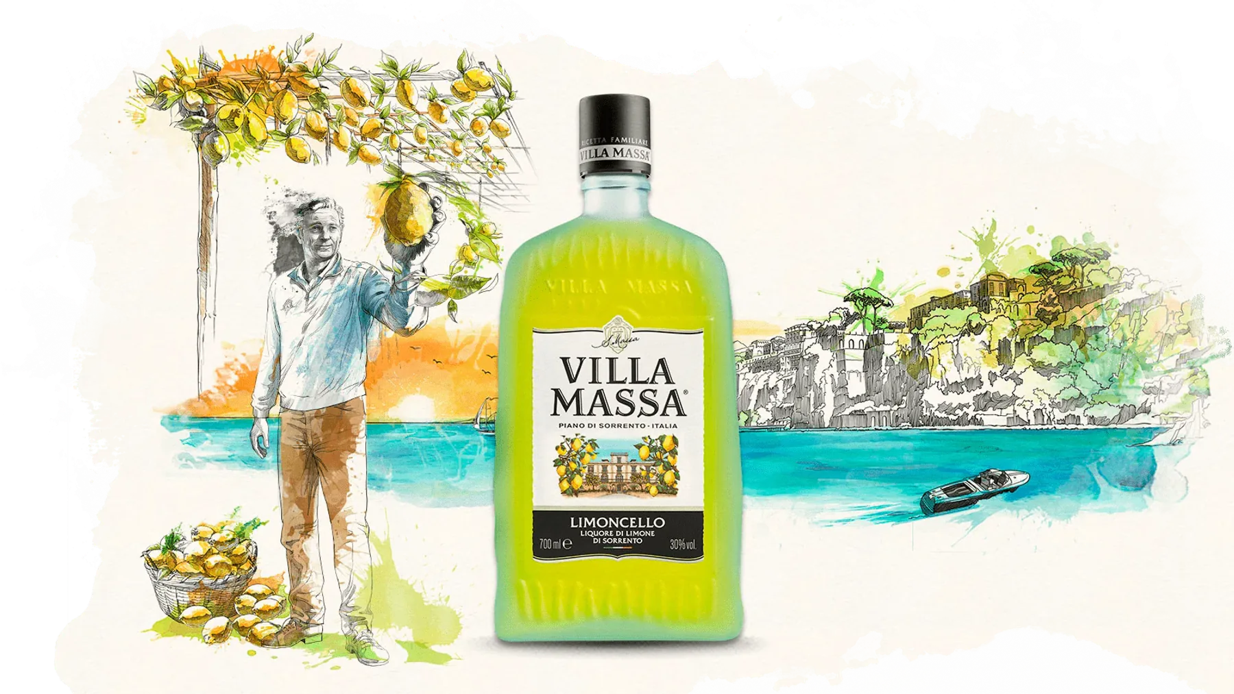 Mavimsi kare cam şişede parlak sarı renkli Villa Massa Limoncello likörü ve önündeki taze sarı limonlar