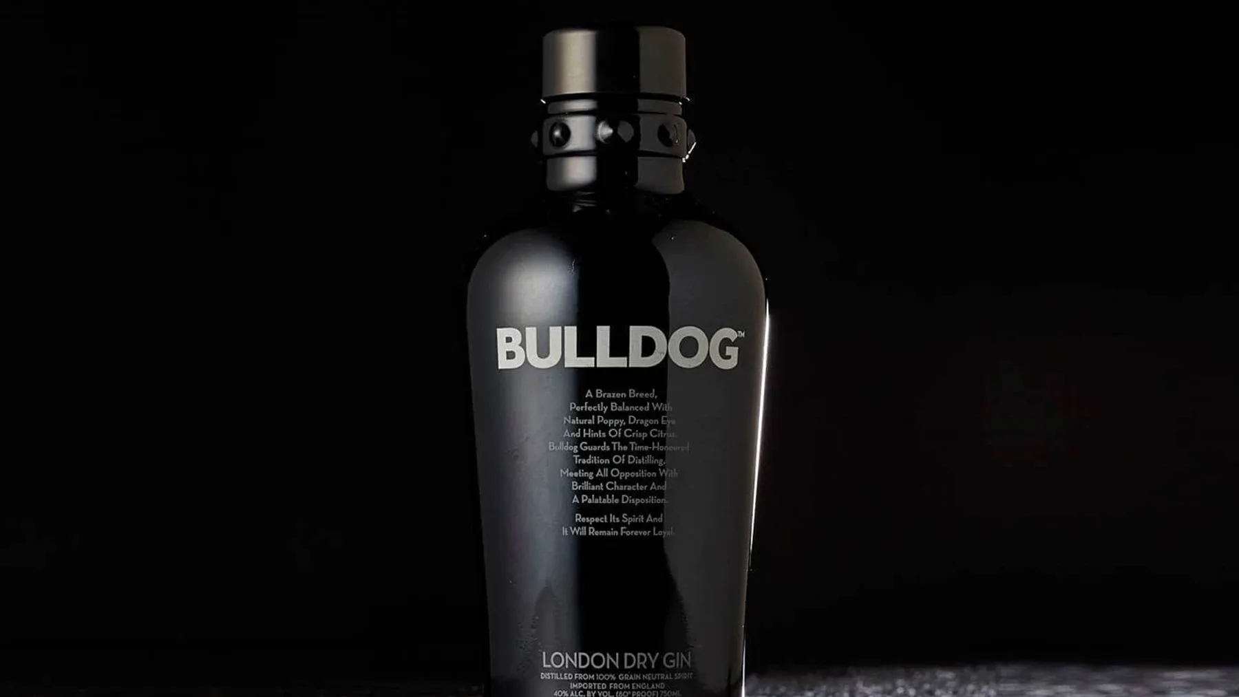 Siyah şık bir şişede Bulldog marka cin ve yanında bakır damıtma imbiği detayları