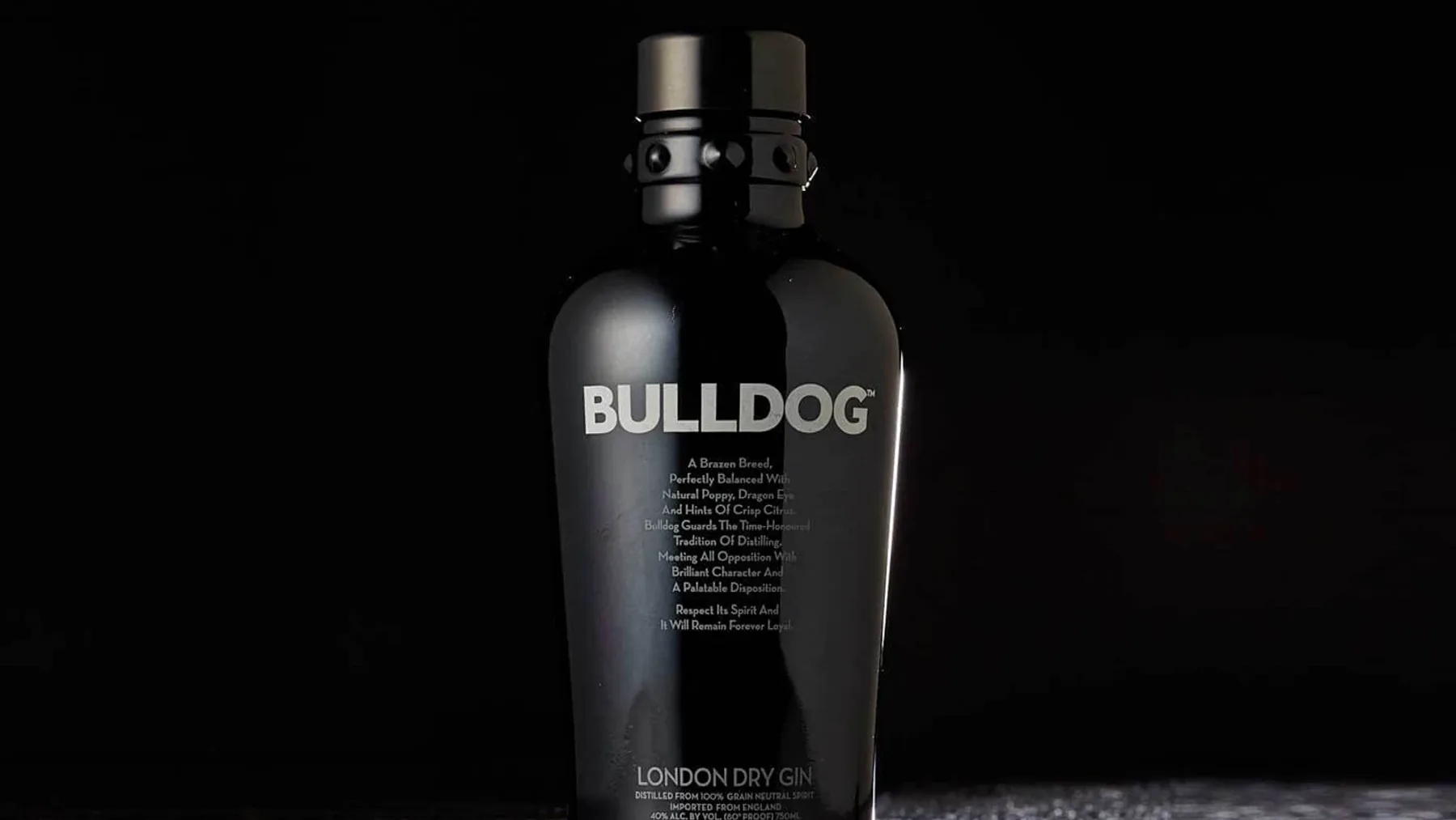Siyah şık bir şişede Bulldog marka cin ve yanında bakır damıtma imbiği detayları