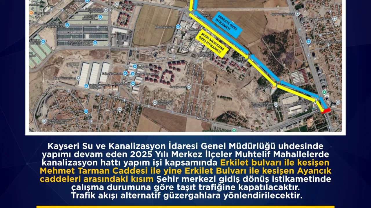 Kayseri'de Erkilet Bulvarı Trafiğe Kapatılacak